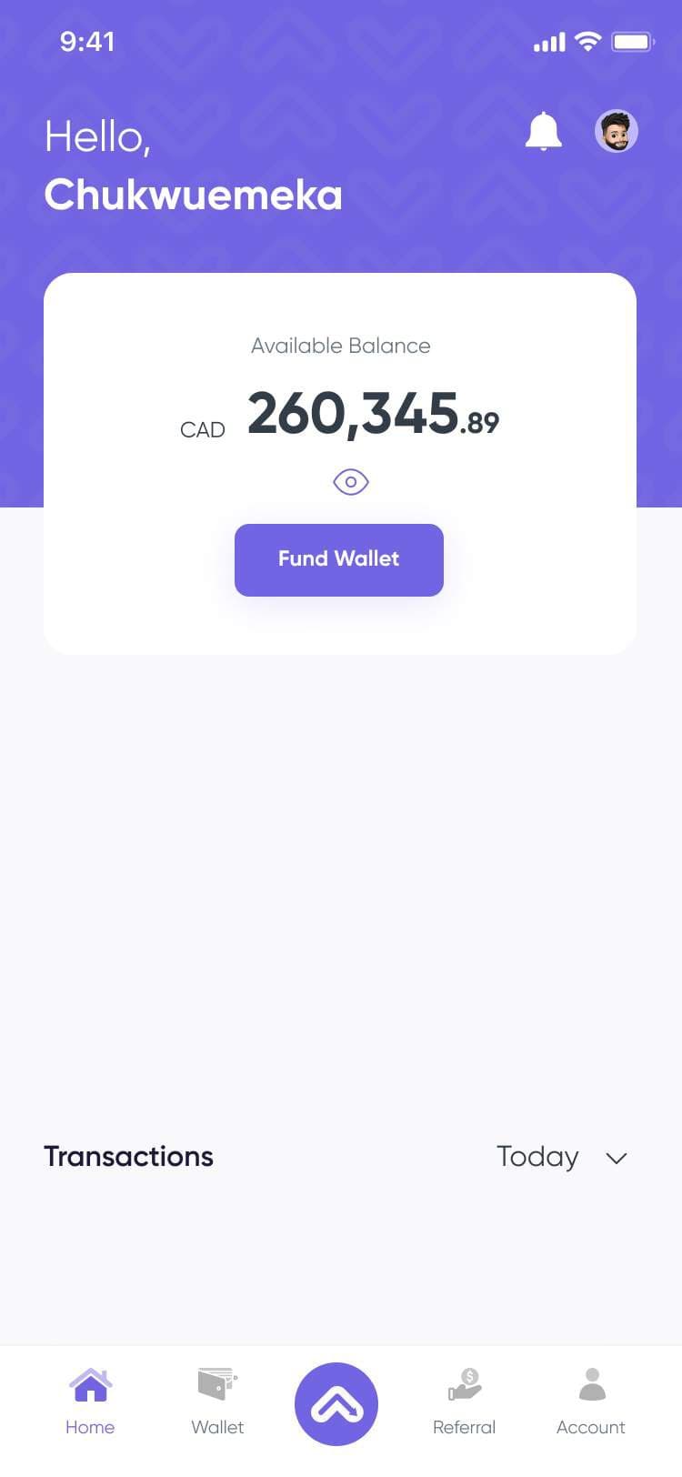 Home screen with available balance and fund wallet button