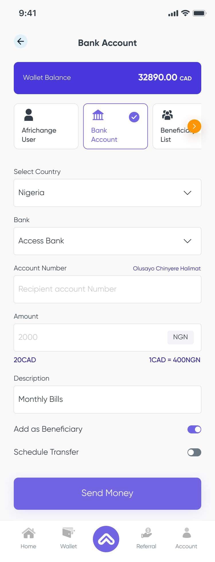 Send money to a bank account with live rate conversion