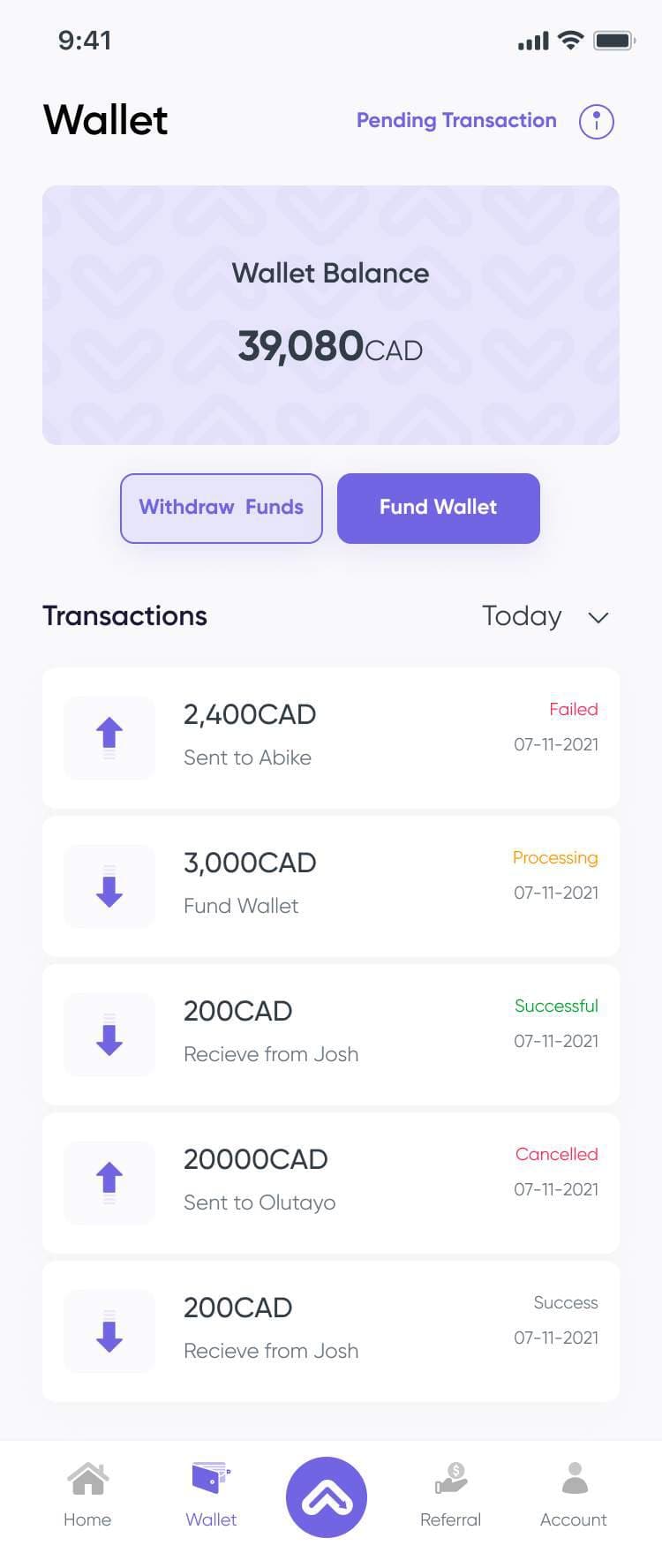 Africhange wallet showing balance in CAD and recent transfers