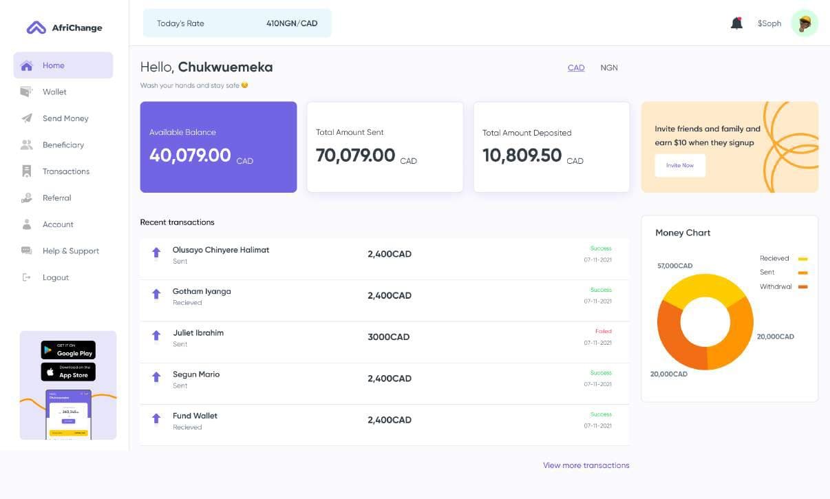 Africhange web dashboard with balances and recent transfers