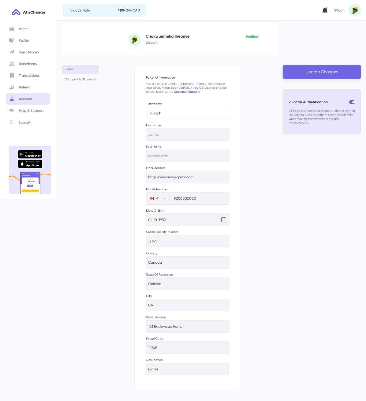 Web send money form