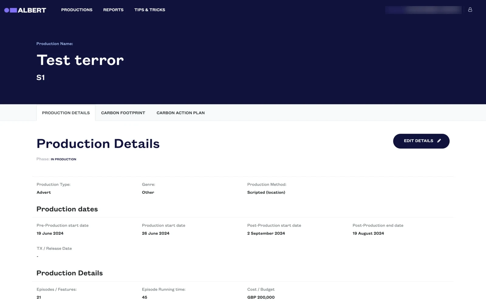 Old production details page