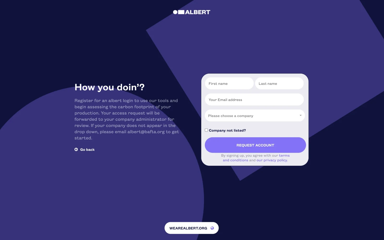 Old request account page with placeholder-only fields