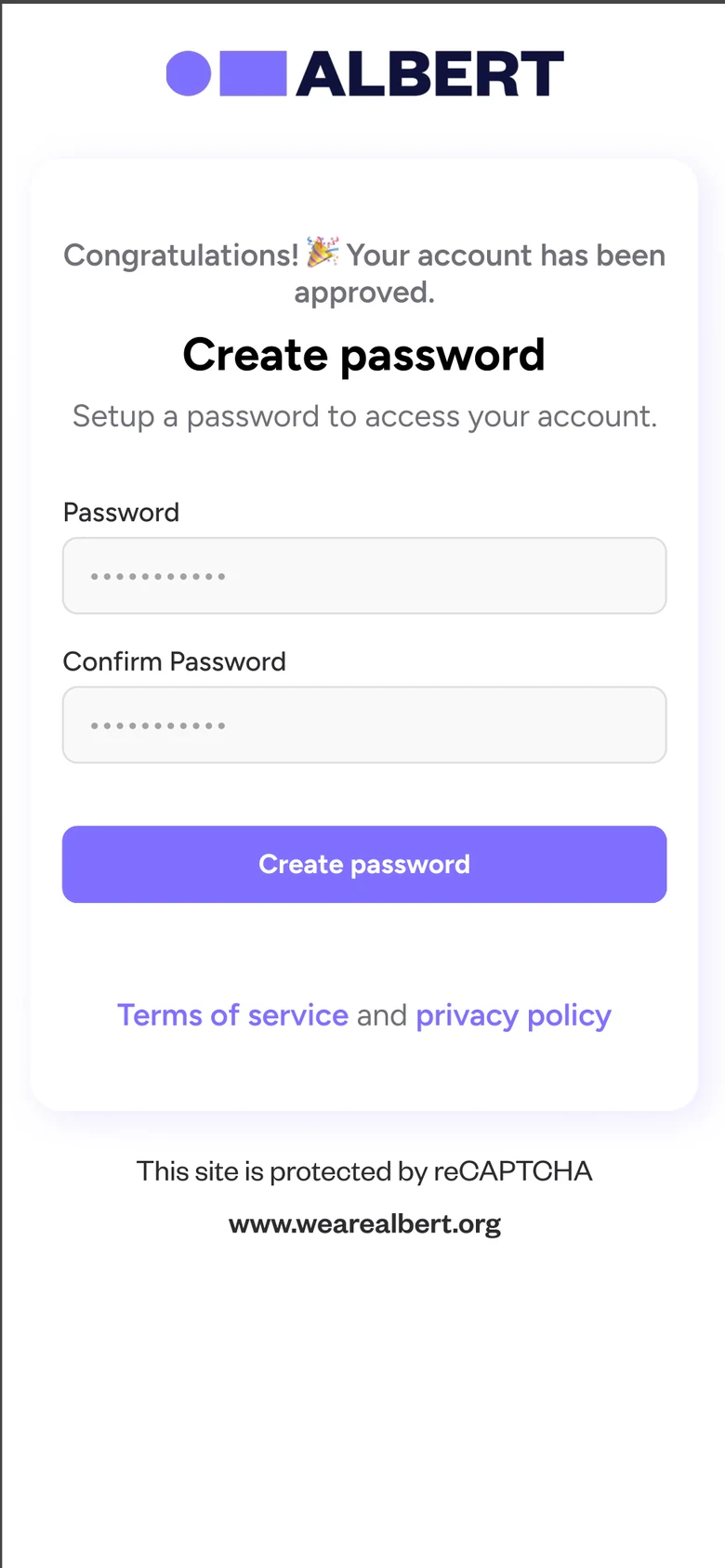 Create password screen after approval