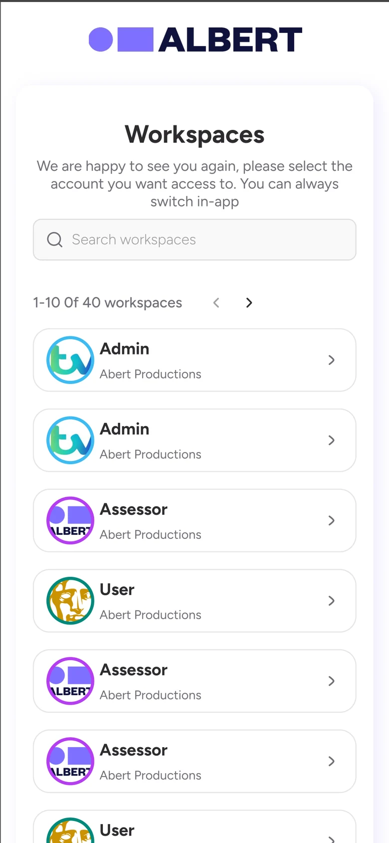 Workspace switcher listing roles across companies