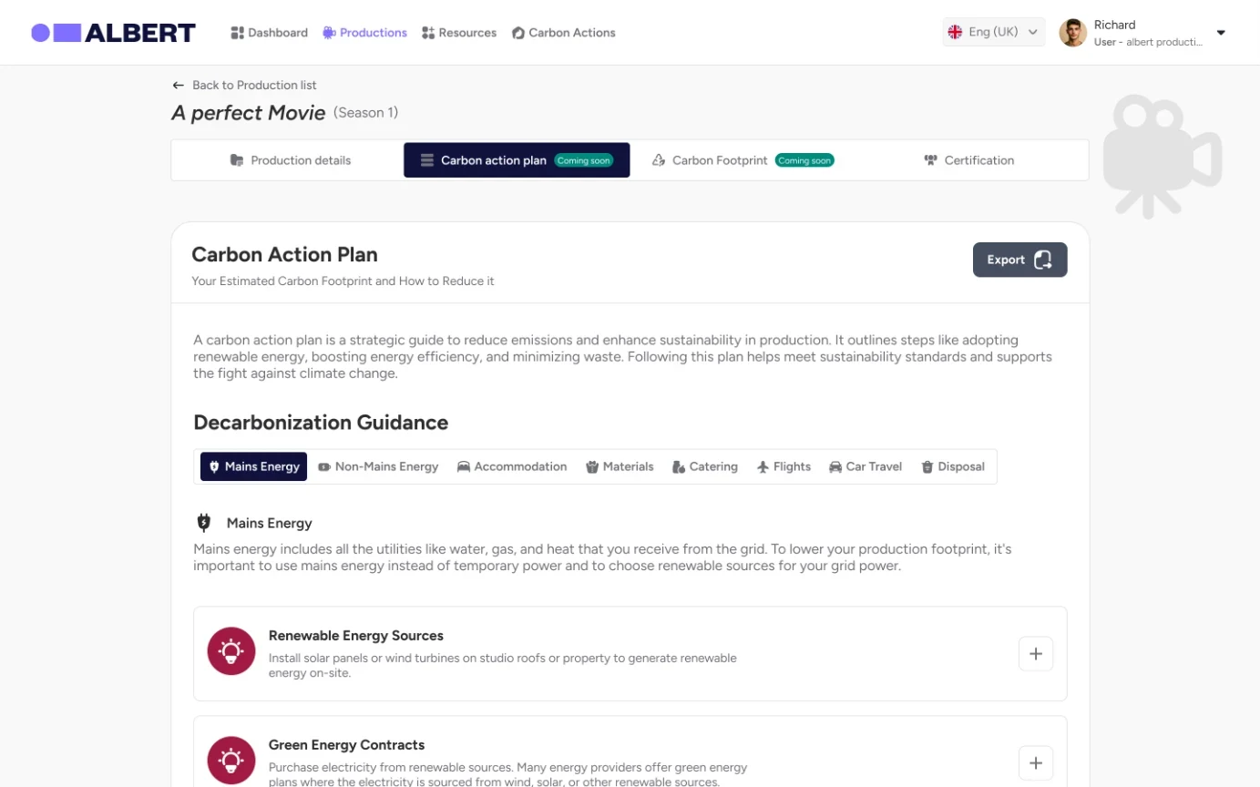 Decarbonisation guidance by category with actions to add