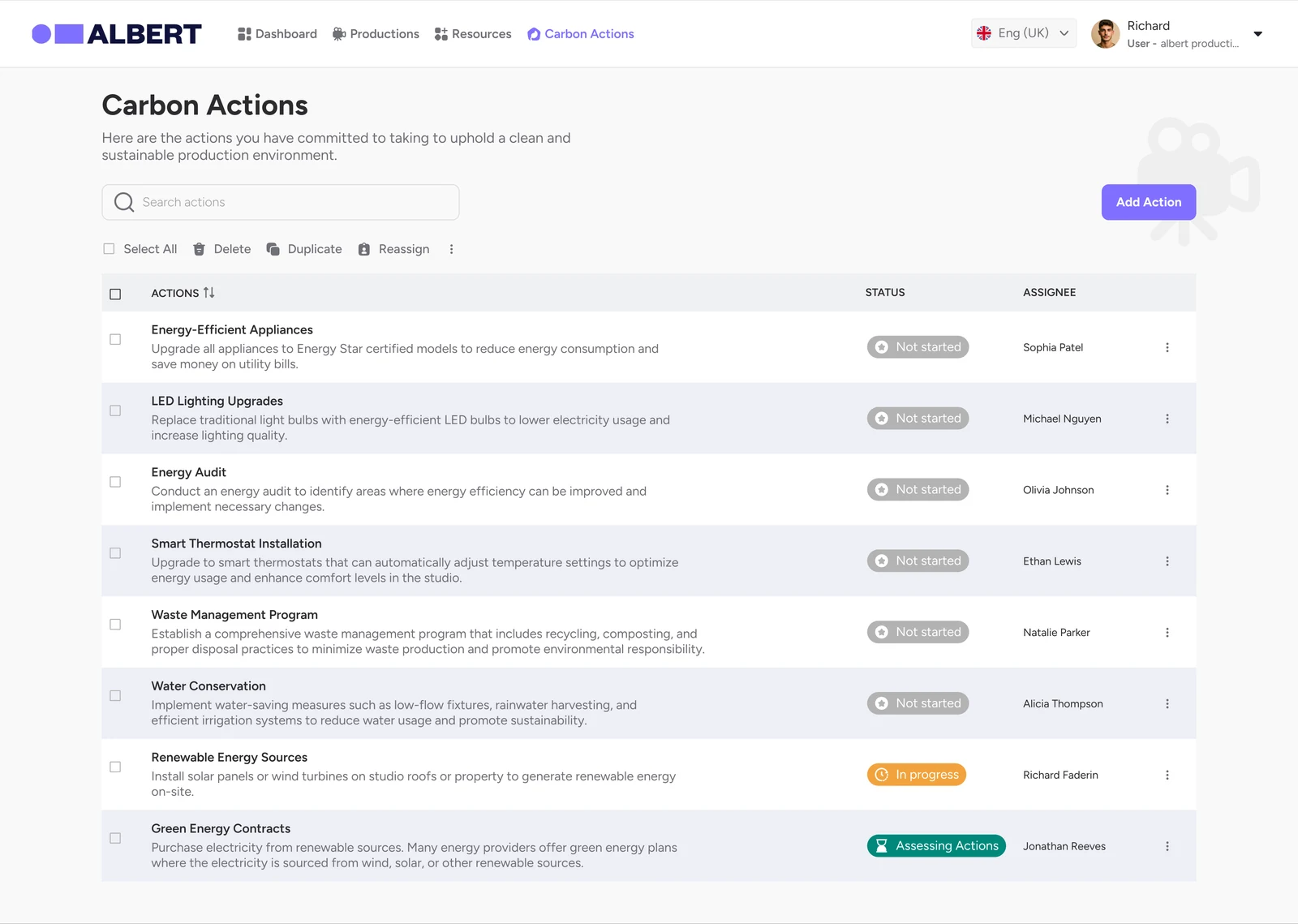 Carbon actions list with status and assignee for each action
