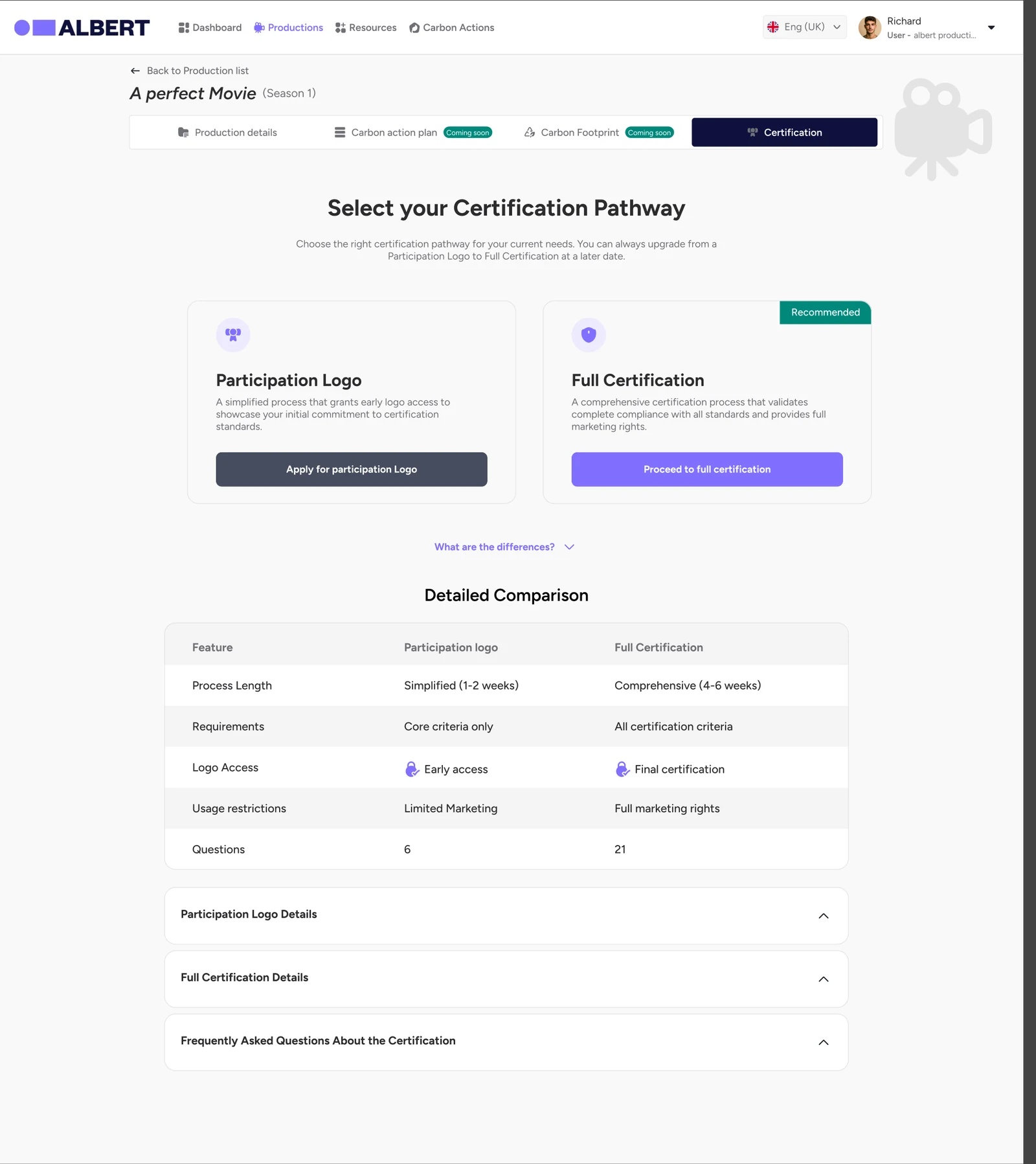 Choose between participation logo and full certification with a comparison table