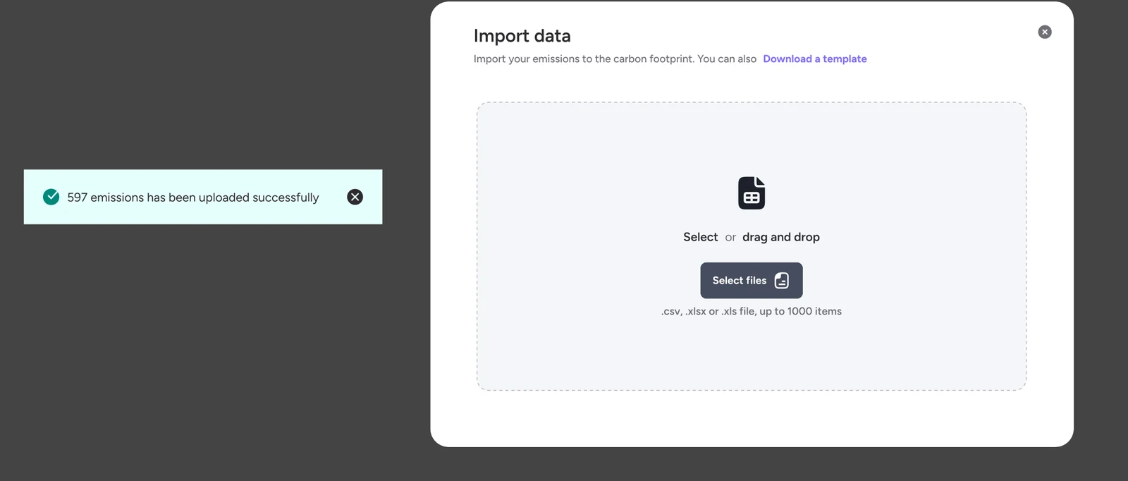 Import data dialog accepting CSV or Excel files up to 1,000 rows, with a success message for 597 emissions