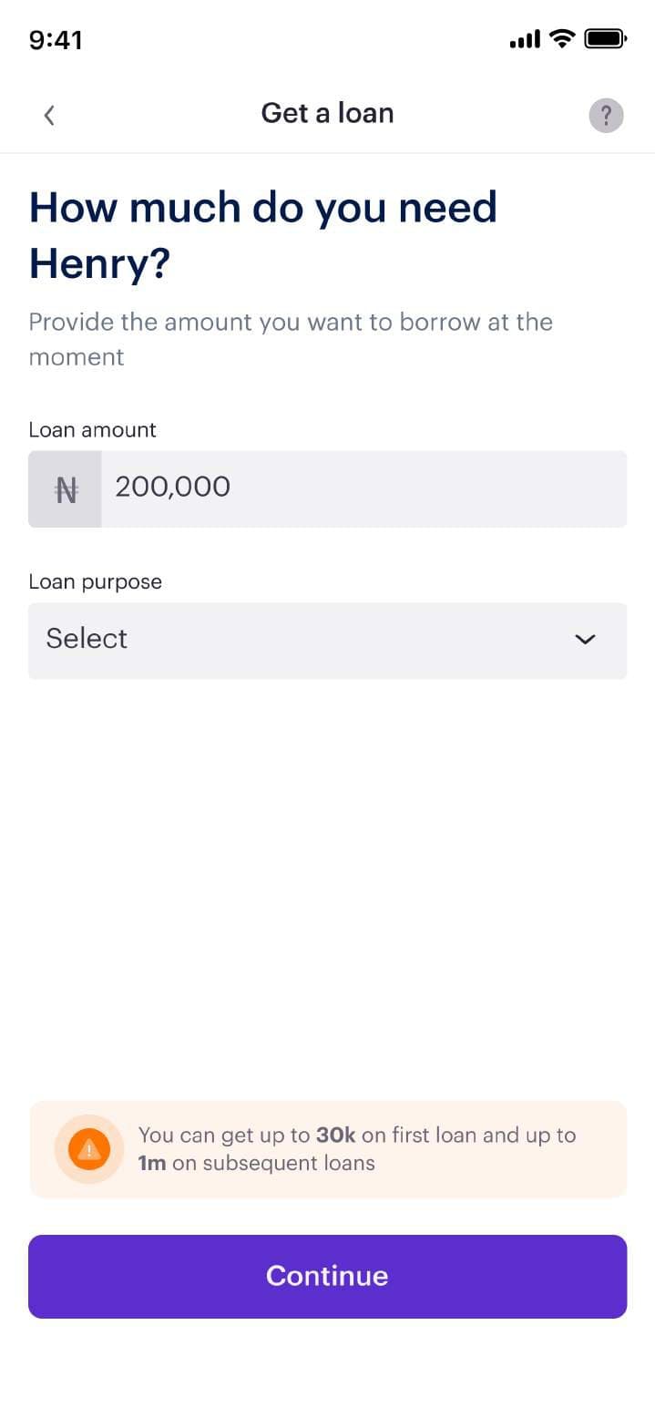 Get a loan screen asking how much the customer needs