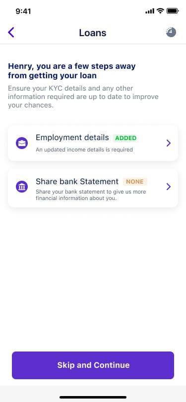 Old loan steps screen with a Skip and Continue button