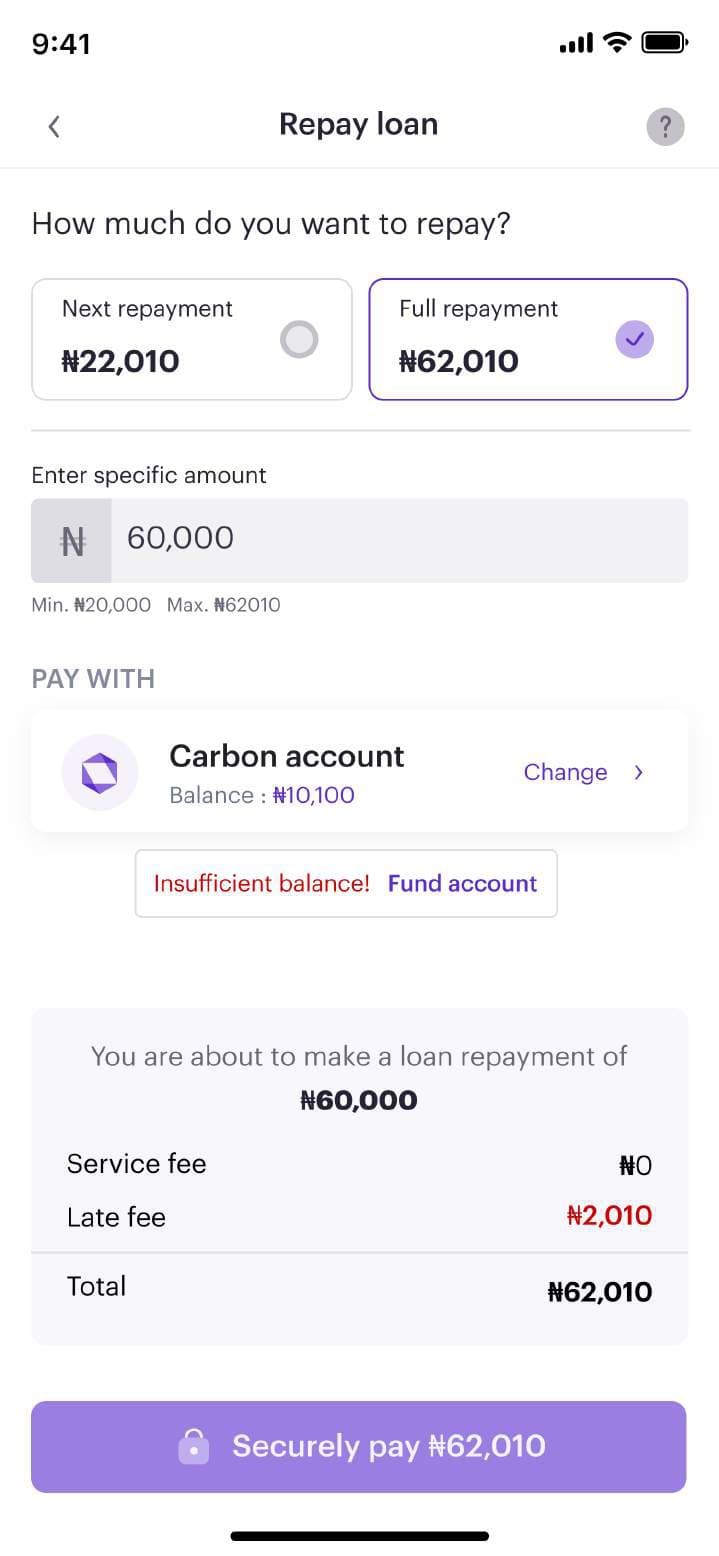 Repay loan screen with next or full repayment options