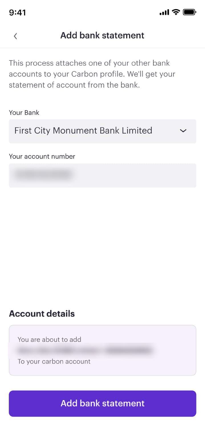 Add bank statement form (details blurred)