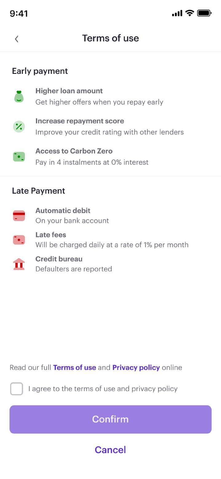 Terms of use summarising early and late payment rules