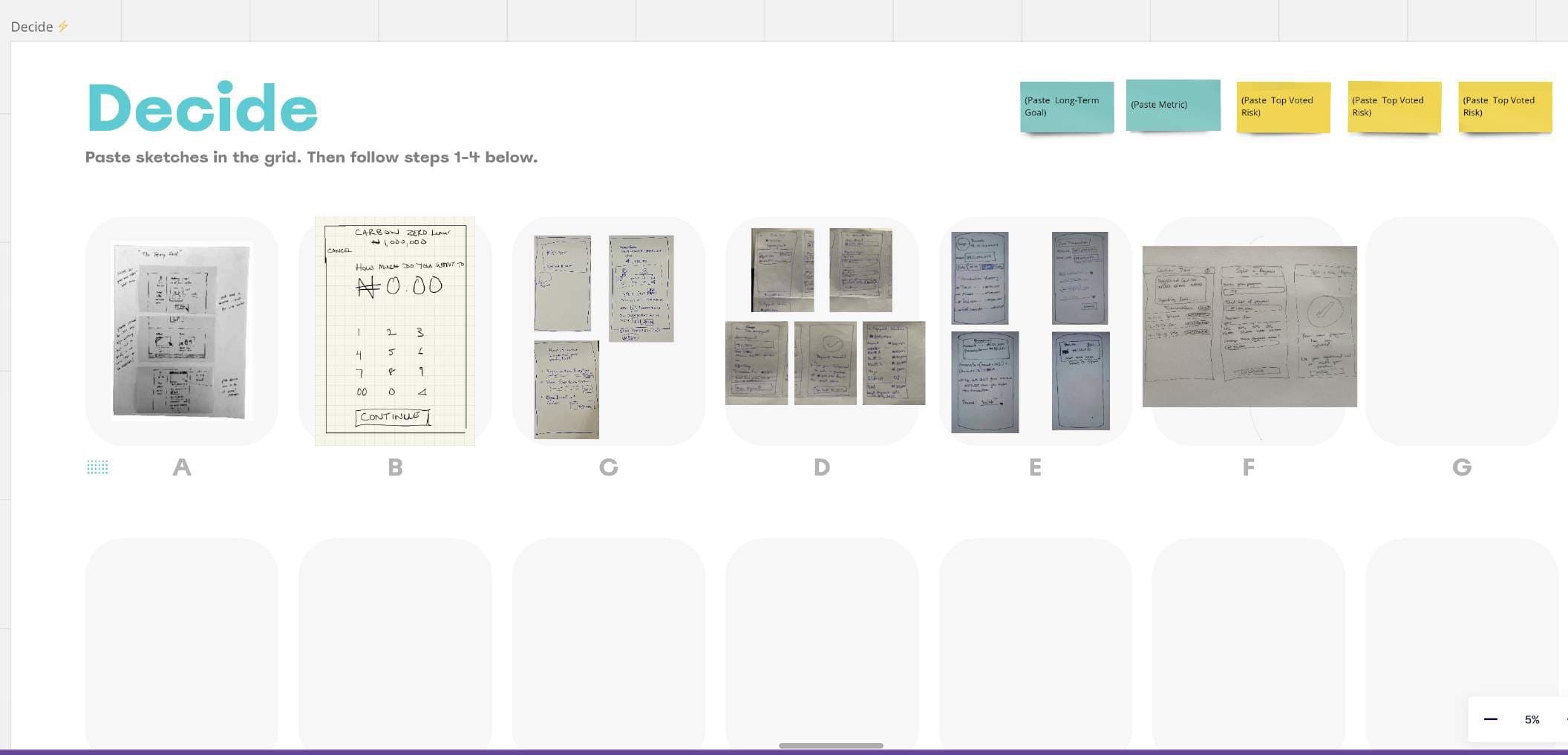 Crazy 8 sketches pinned to a decision board