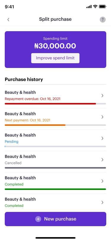 Dashboard with spending limit and purchase history