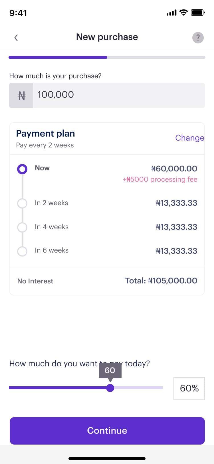 Carbon Zero new purchase screen with a payment plan split into instalments