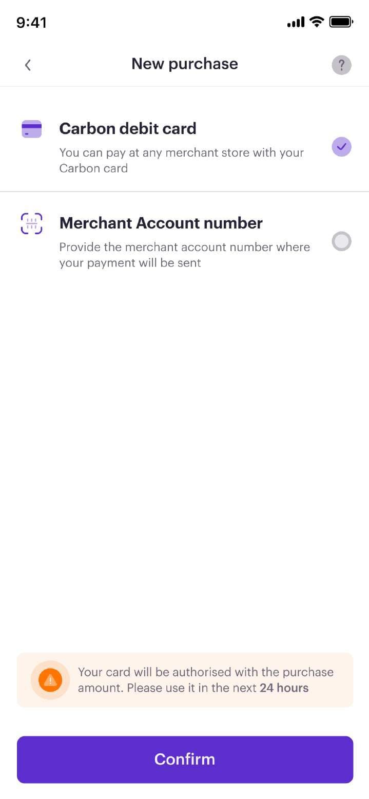 Choose between Carbon card and merchant account transfer