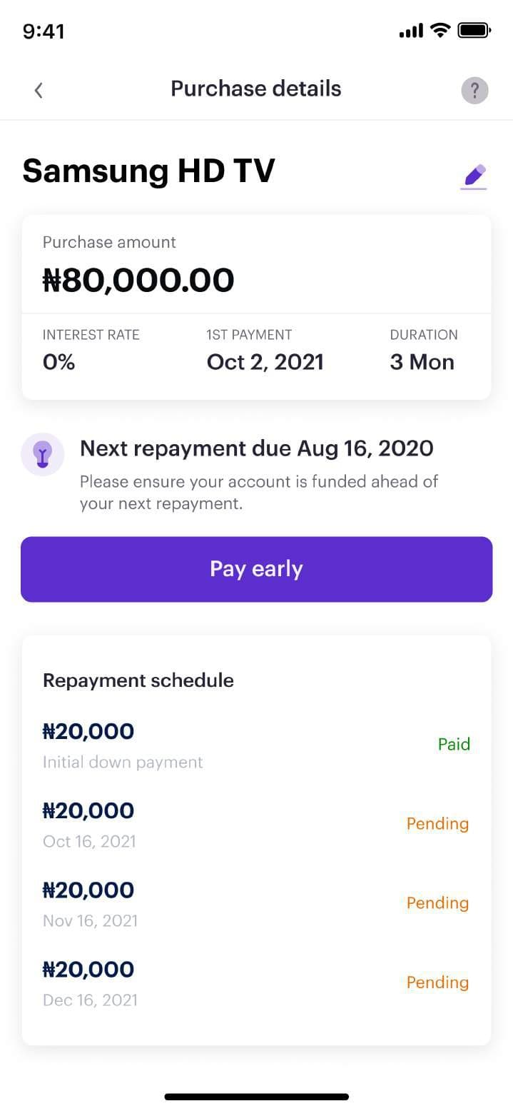 Purchase details with Pay early button and repayment schedule