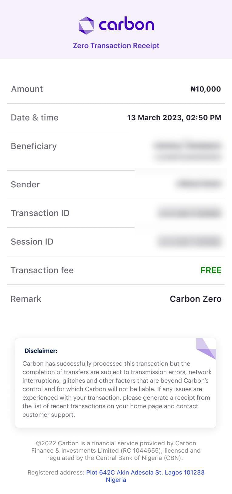 Shareable transaction receipt (personal details blurred)