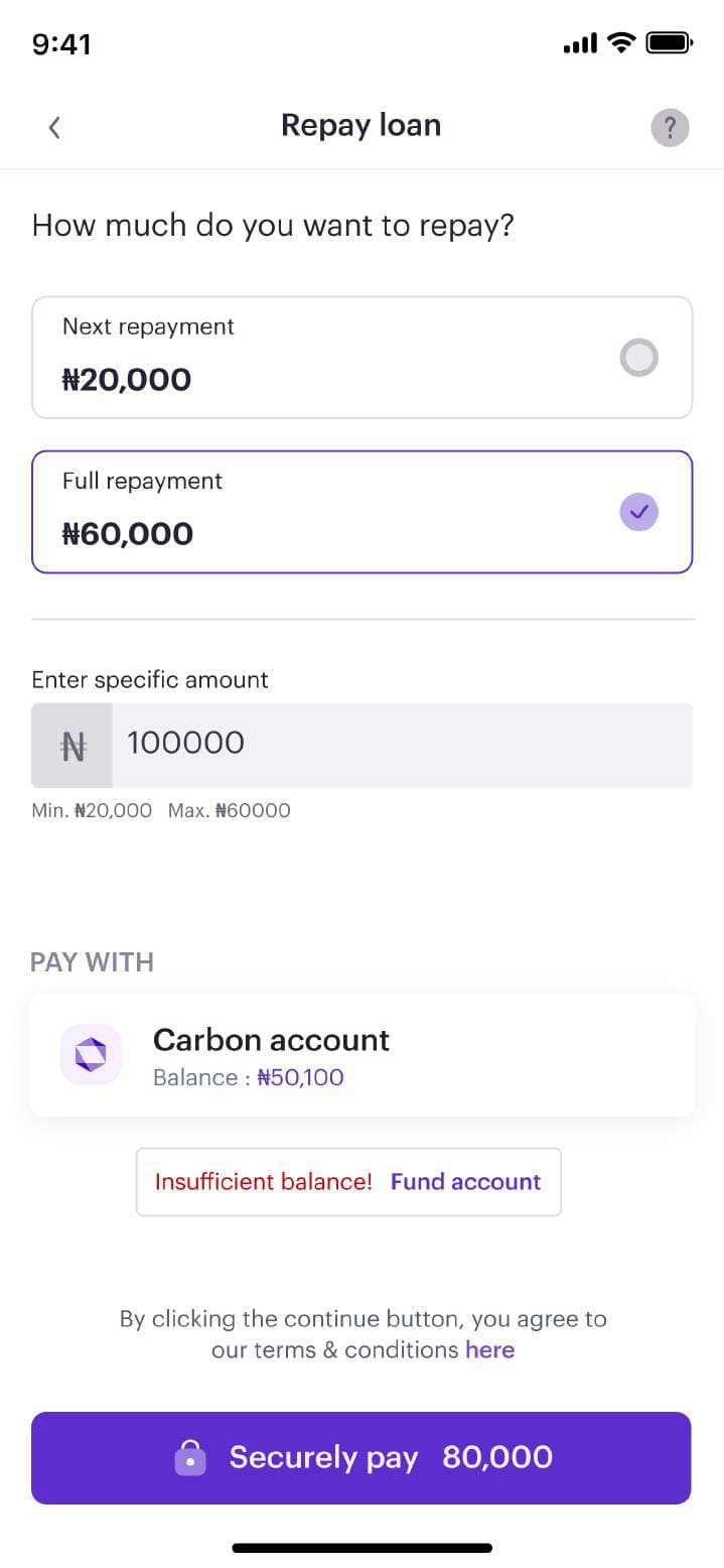 Repay screen with next or full repayment