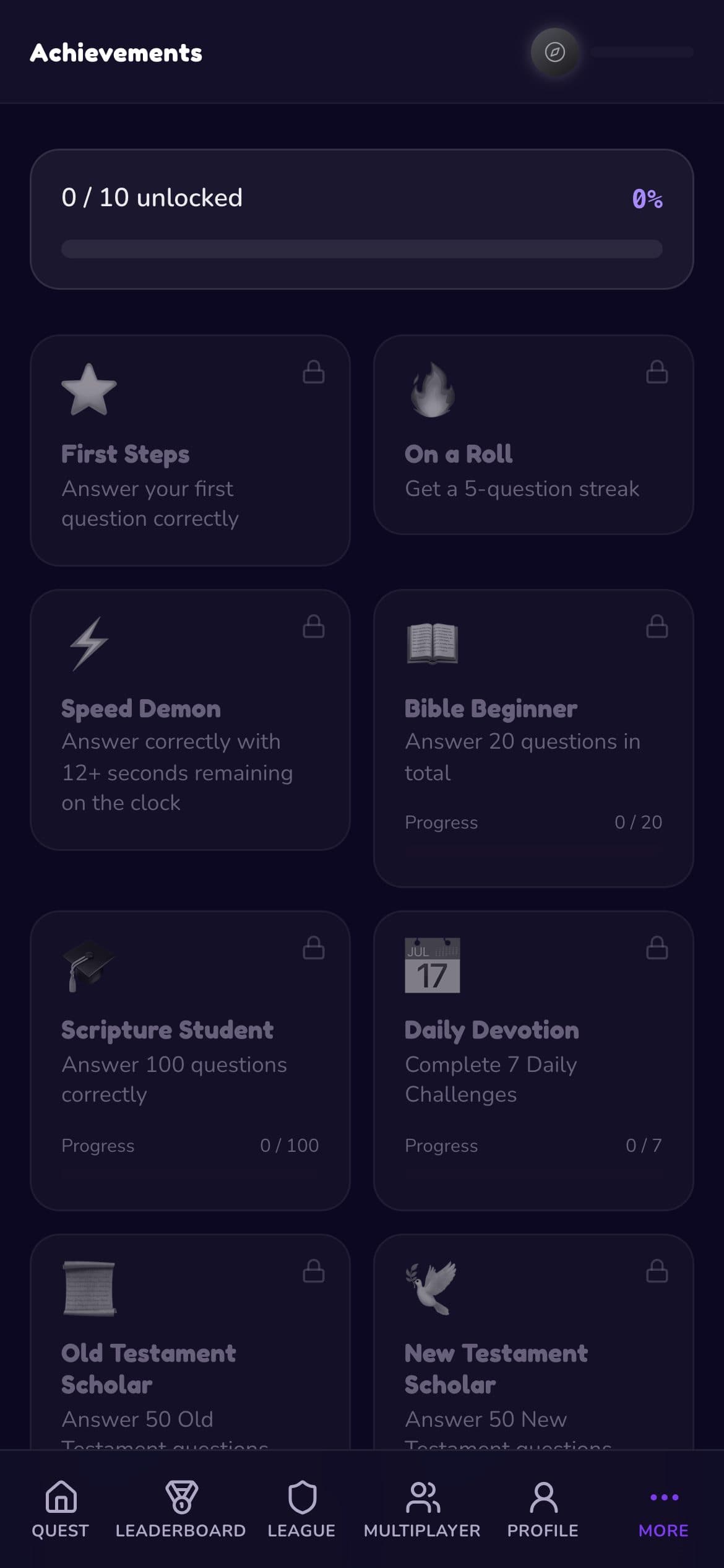 Achievements grid with locked and in-progress badges