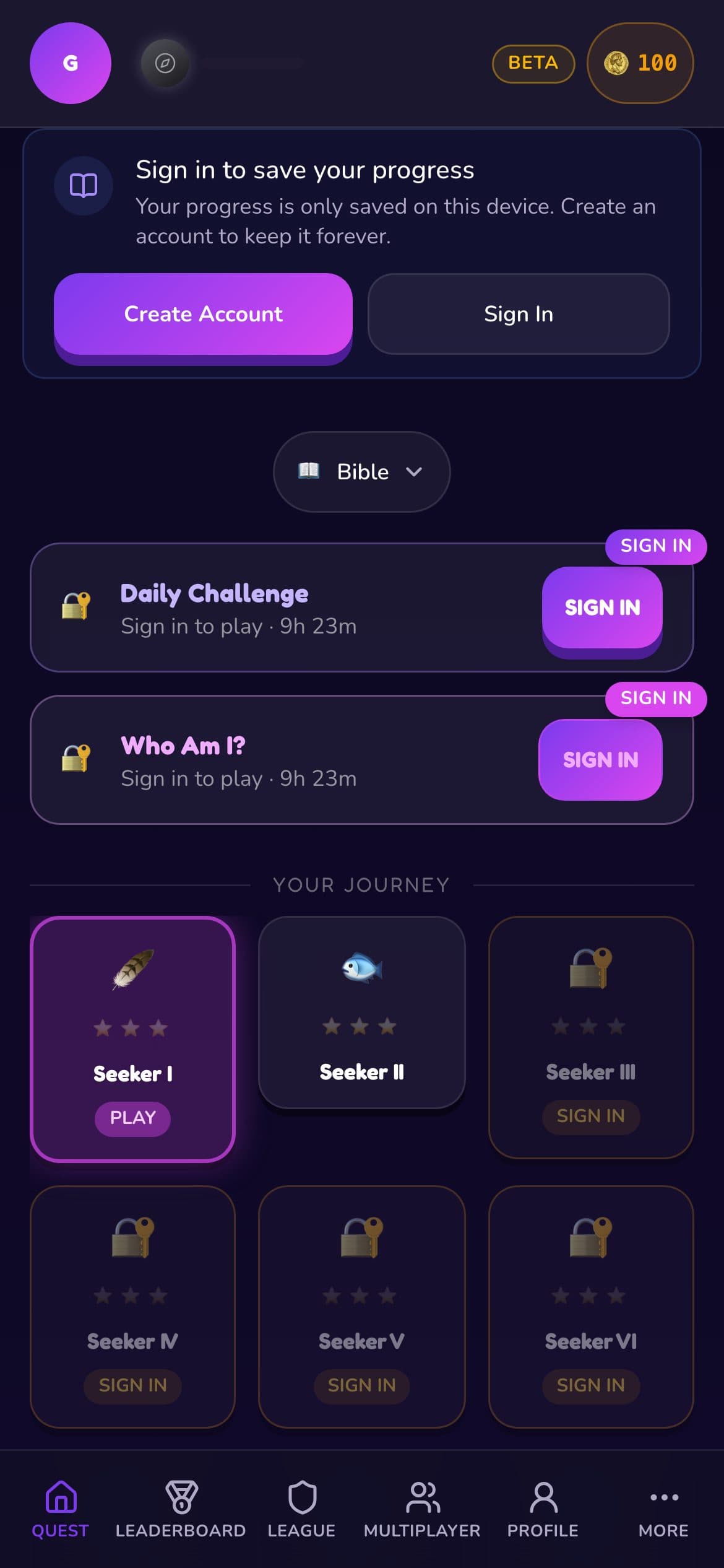 Level map showing the player's journey from Seeker I to Learner levels