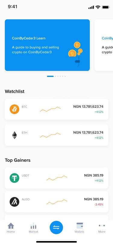Home with learning cards, watchlist and top gainers