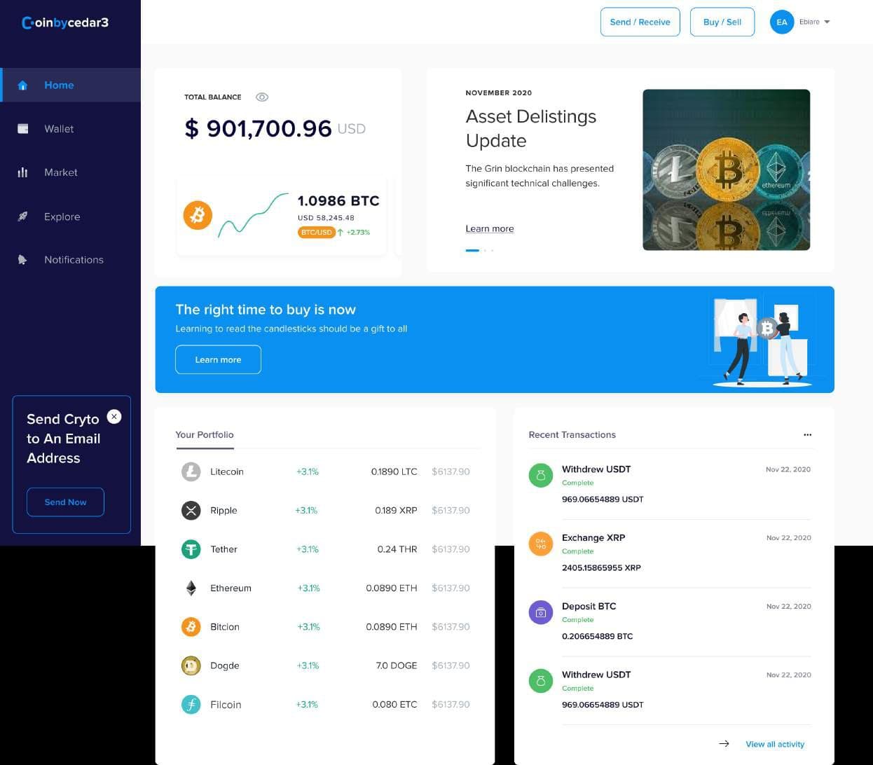Coinbycedar3 web dashboard with portfolio value and holdings