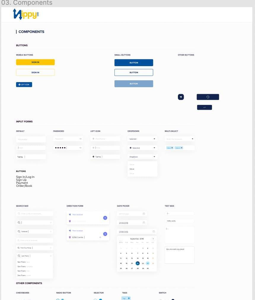 Component library with buttons, inputs and date pickers
