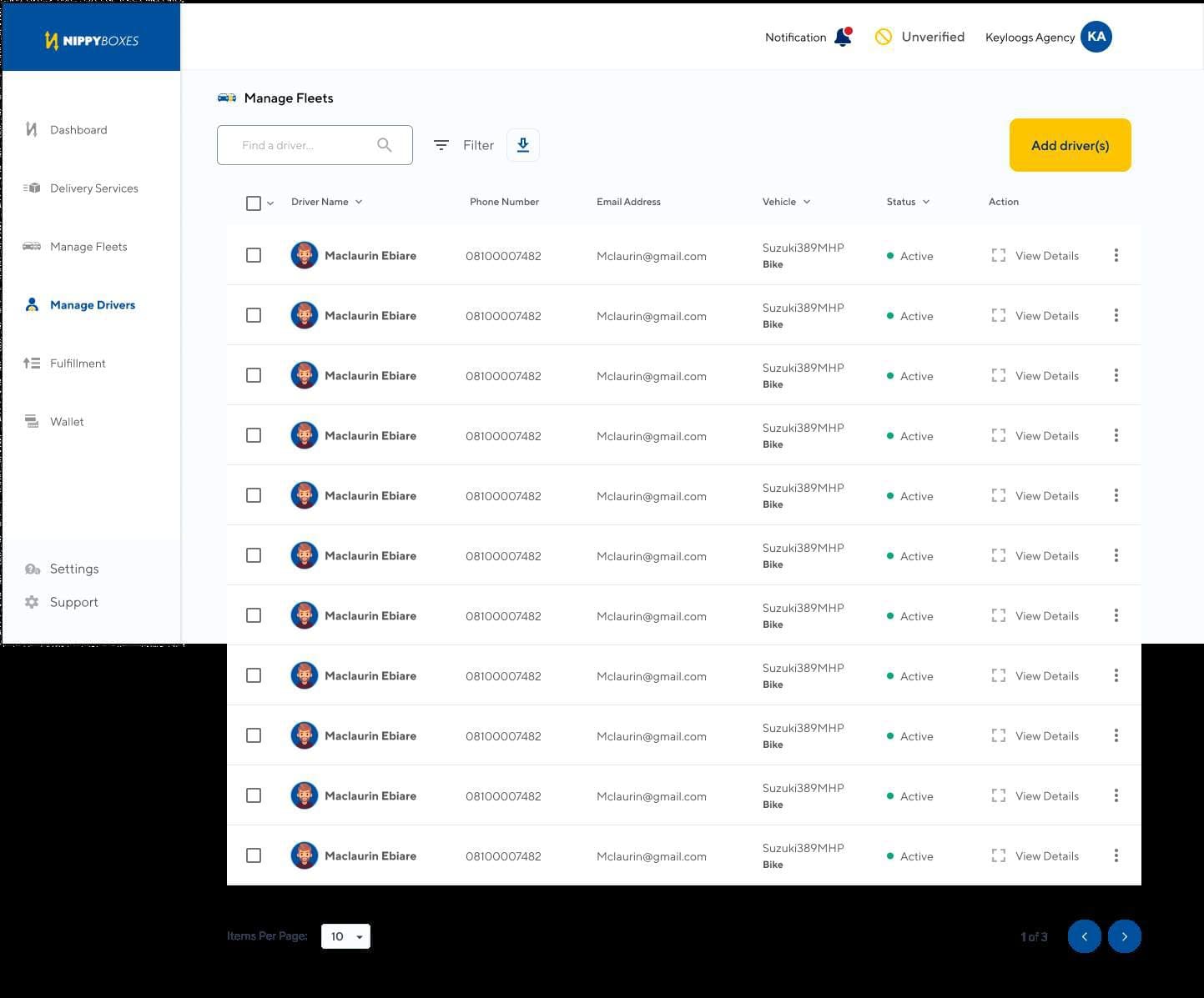 Manage drivers table
