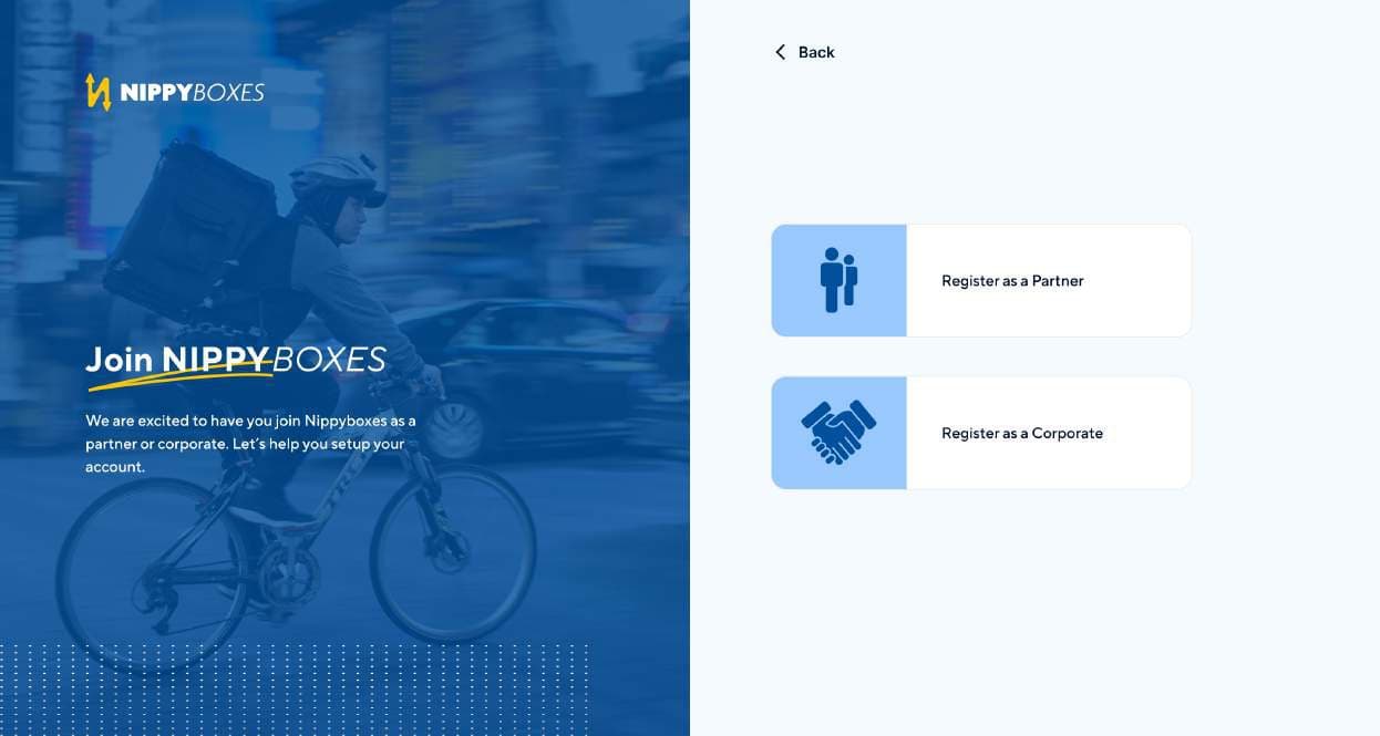 Partner onboarding choosing partner type